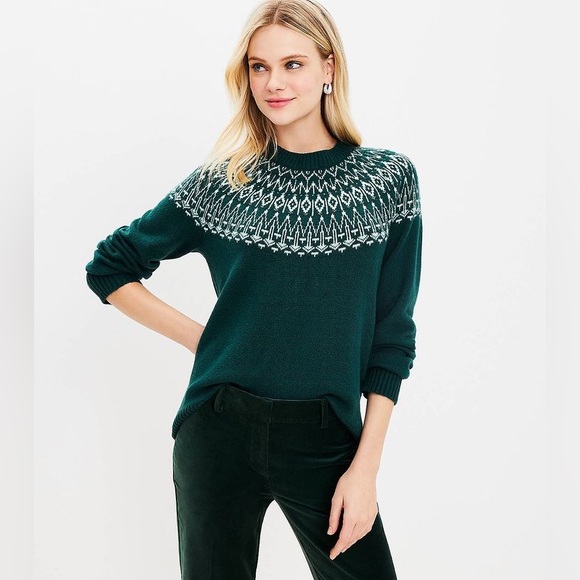 LOFT Tops - NWT LOFT Fair Isle Green Apres soft crew pullover Sweater lightweight Alpine